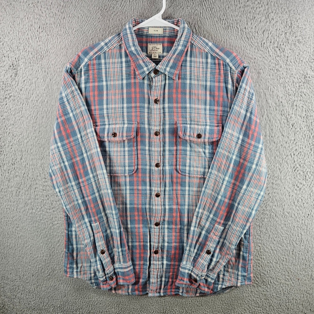 J.Crew Slim Fit Flannel Shirt Mens Large Blue Red Plaid Cotton Button Down L